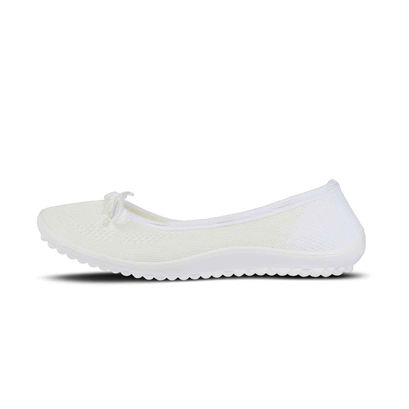 Barfußschuh mit geschlossener Zehenbox und geschlossenem Fersenbereich, elastischer Einstieg mit Schleife, flexible profilierte Sohle, Seitenansicht außen