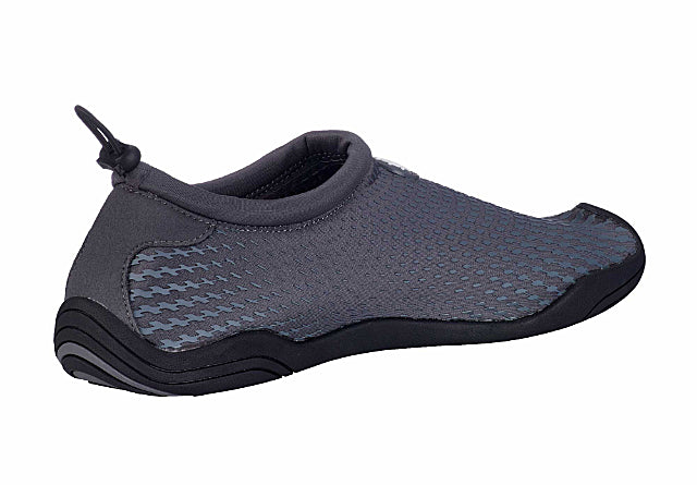 Barfußschuh, Seitenansicht innen. Geschlossener Schuh mit elastischem Einstieg, niedriger Schaftabschluss, flexible flache Sohle.