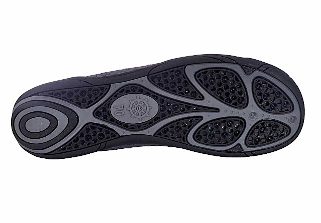 Barfußschuh, Ansicht von unten. Profilierte Laufsohle, flacher Fersenbereich, durchgehende flexible Sohlenstruktur.