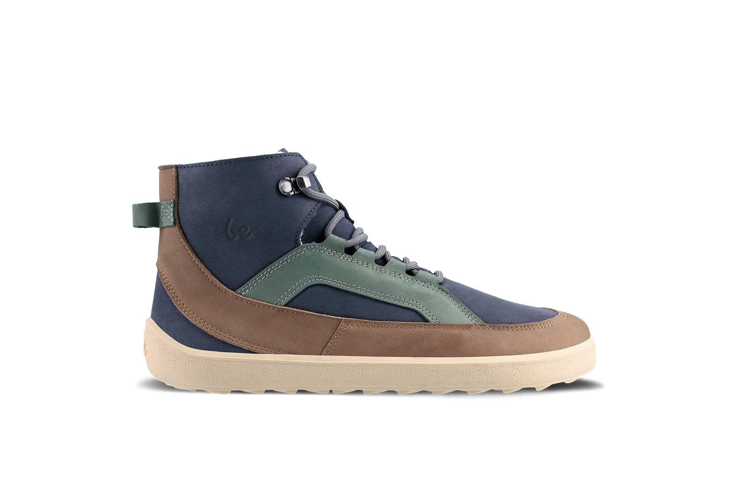 Barfußwinterstiefel für Erwachsene mit breiter Zehenbox, Schnürung, knöchelhohem Schaft, geschlossener Zehenbox und geschlossener Ferse, Seitenansicht außen.