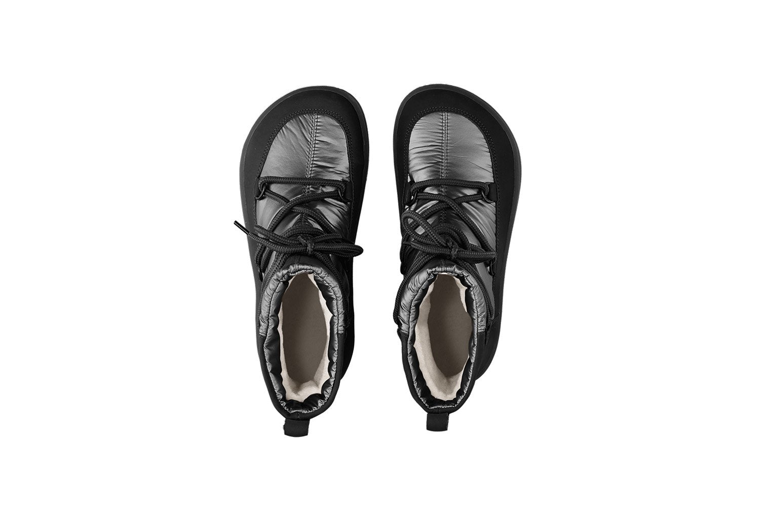 Barfußwinterstiefel für Erwachsene als Paar mit Schnürung, knöchelhohem Schaft und geschlossener Ferse, Draufsicht.