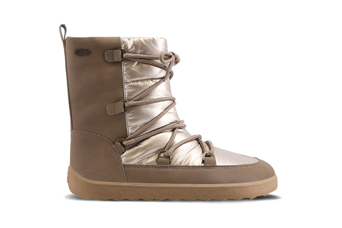 Barfußwinterstiefel für Erwachsene mit breiter Zehenbox, Schnürung, knöchelhohem Schaft, geschlossener Zehenbox und geschlossener Ferse, Seitenansicht außen.