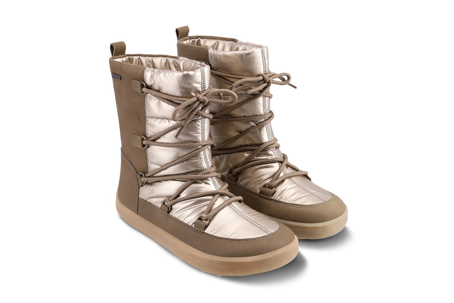 Barfußwinterstiefel für Erwachsene als Paar mit knöchelhohem Schaft und geschlossener Ferse, Seitenansicht außen.
