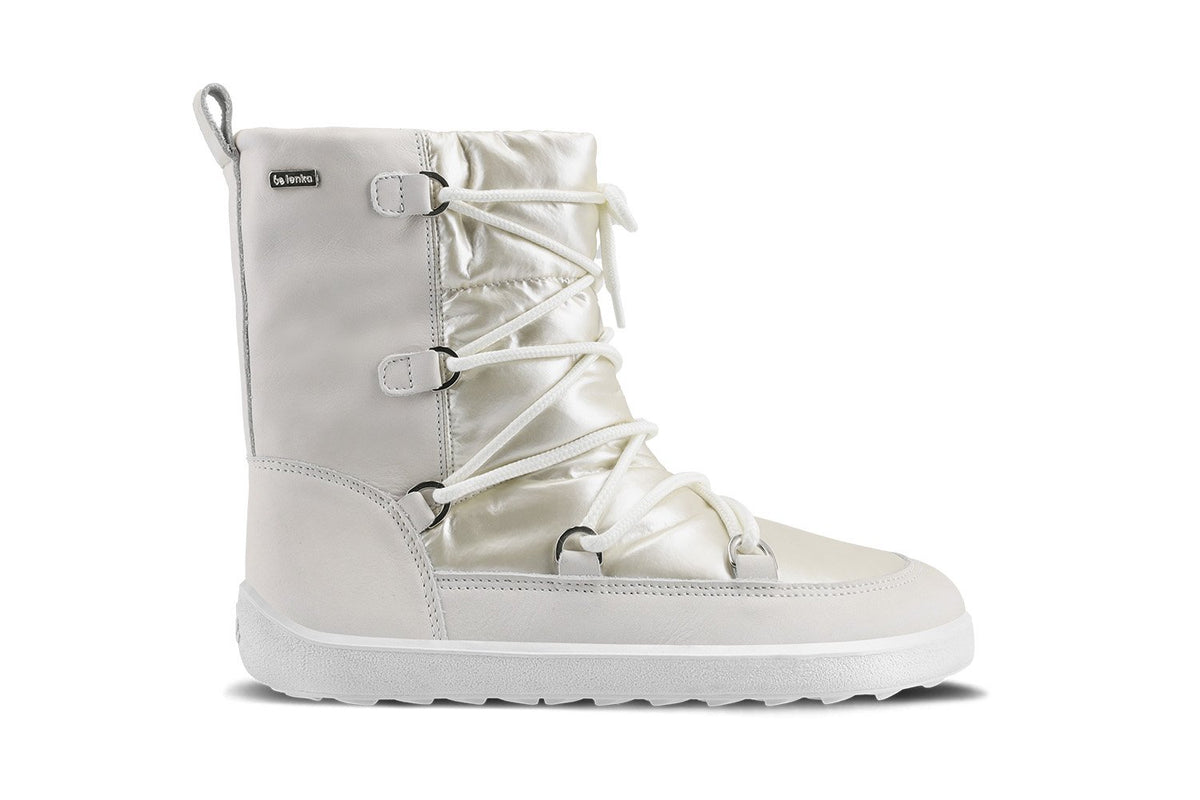 Barfußwinterstiefel für Erwachsene mit breiter Zehenbox, Schnürung, knöchelhohem Schaft, geschlossener Zehenbox und geschlossener Ferse, Seitenansicht außen.