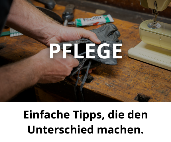 Ein Schuh der repariert wird mit dem Schriftzug Pflege