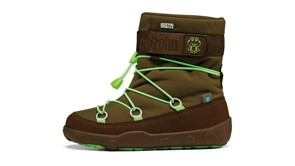 Kinder Barfußwinterstiefel mit geschlossener Zehenbox und hohem Schaft, Seitenansicht außen