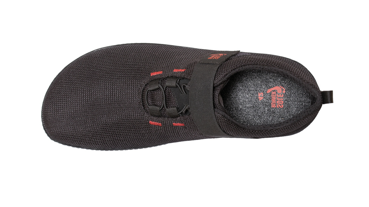 Barfußschuh, geschlossene Zehen und geschlossener Fersenbereich, Klettverschluss, flexible Sohle, einzelner Schuh, Draufsicht