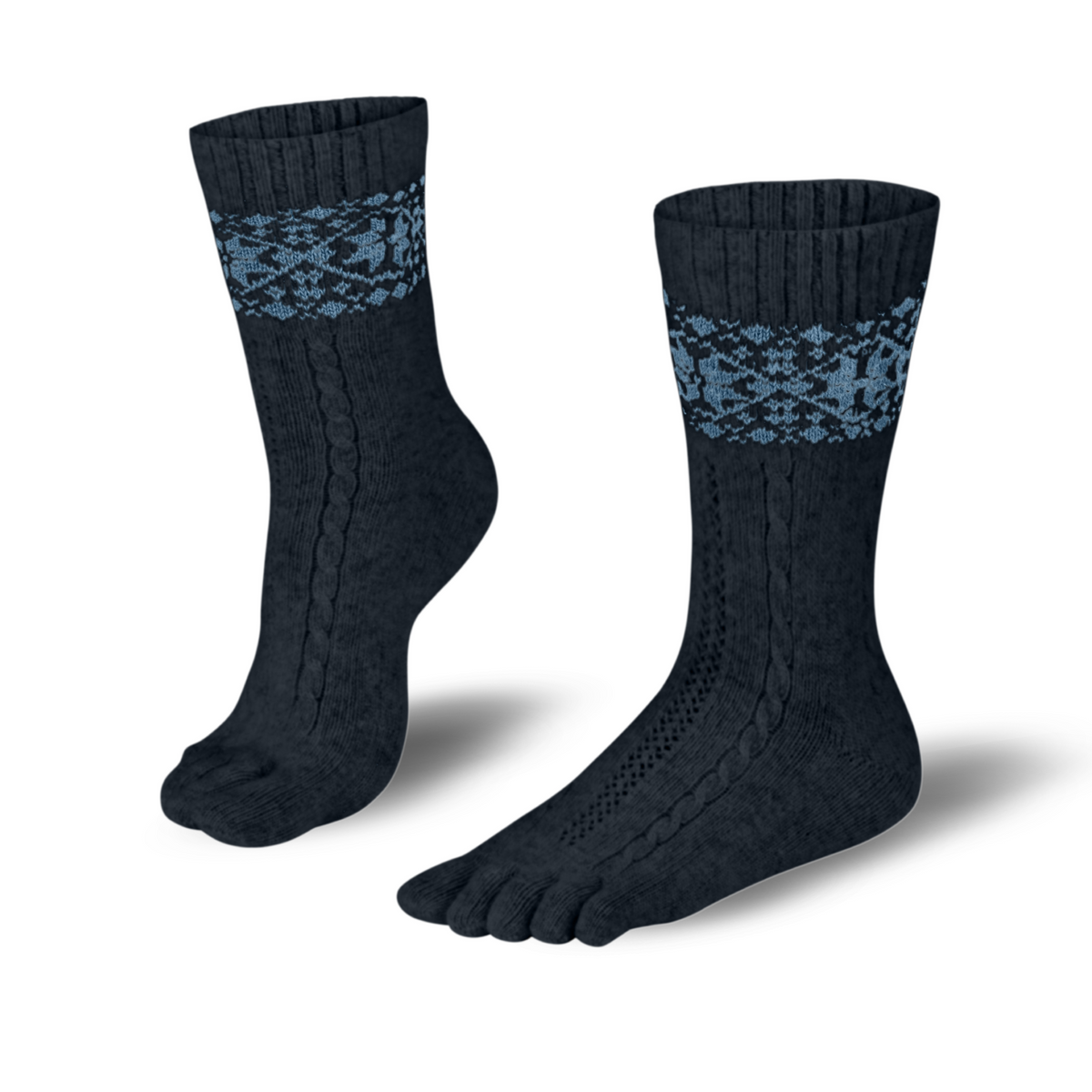 Barfußsocken mit einzelner Zehenführung, wadenhoher Schaft, geschlossene Zehen, schräge Vorderansicht als Paar