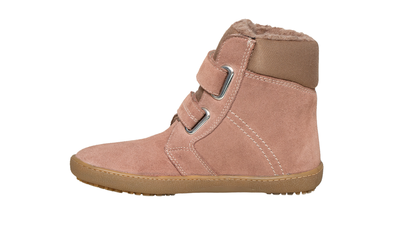 Barfußwinterstiefel für Kinder mit Klettverschluss, breiter Zehenbox und geschlossenem Fersenbereich, Seitenansicht innen