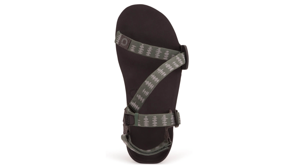 Barfußsandale, offene Zehen und offener Fersenbereich, Riemenkonstruktion mit verstellbaren Riemen, profilierte Sohle, Einzelschuh, Draufsicht