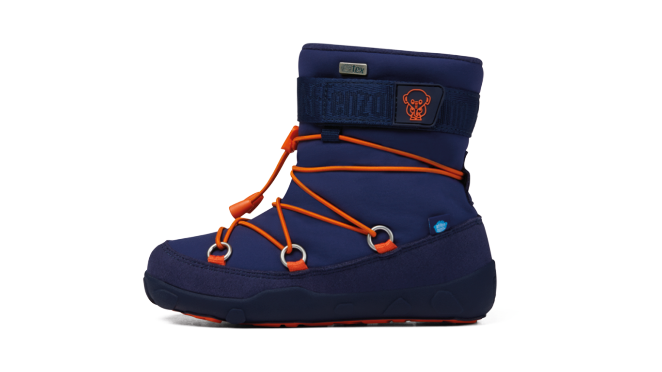 Kinder Barfußwinterstiefel mit geschlossener Zehenbox und hohem Schaft, Seitenansicht außen