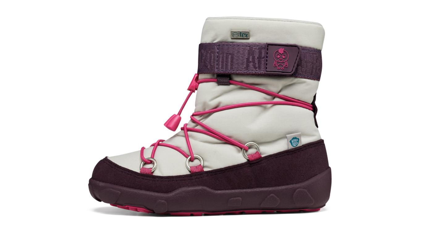 Kinder Barfußwinterstiefel mit hohem Schaft und Kordelverschluss, Seitenansicht außen