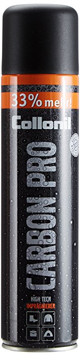 Sprühdose „Collonil Carbon Pro“, schwarze Dose mit schwarzem Deckel, orangefarbener Akzent am oberen Rand, Produktname vertikal auf dem Etikett, kleine Piktogramme für Materialien am unteren Bereich, freigestellt vor weißem Hintergrund.