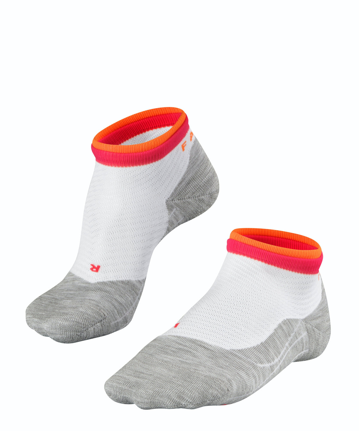 Erwachsenen-Laufsocken, Paaransicht, niedriger Schaft, weiß-grau mit farbigem Bündchen, schräge Seitenansicht