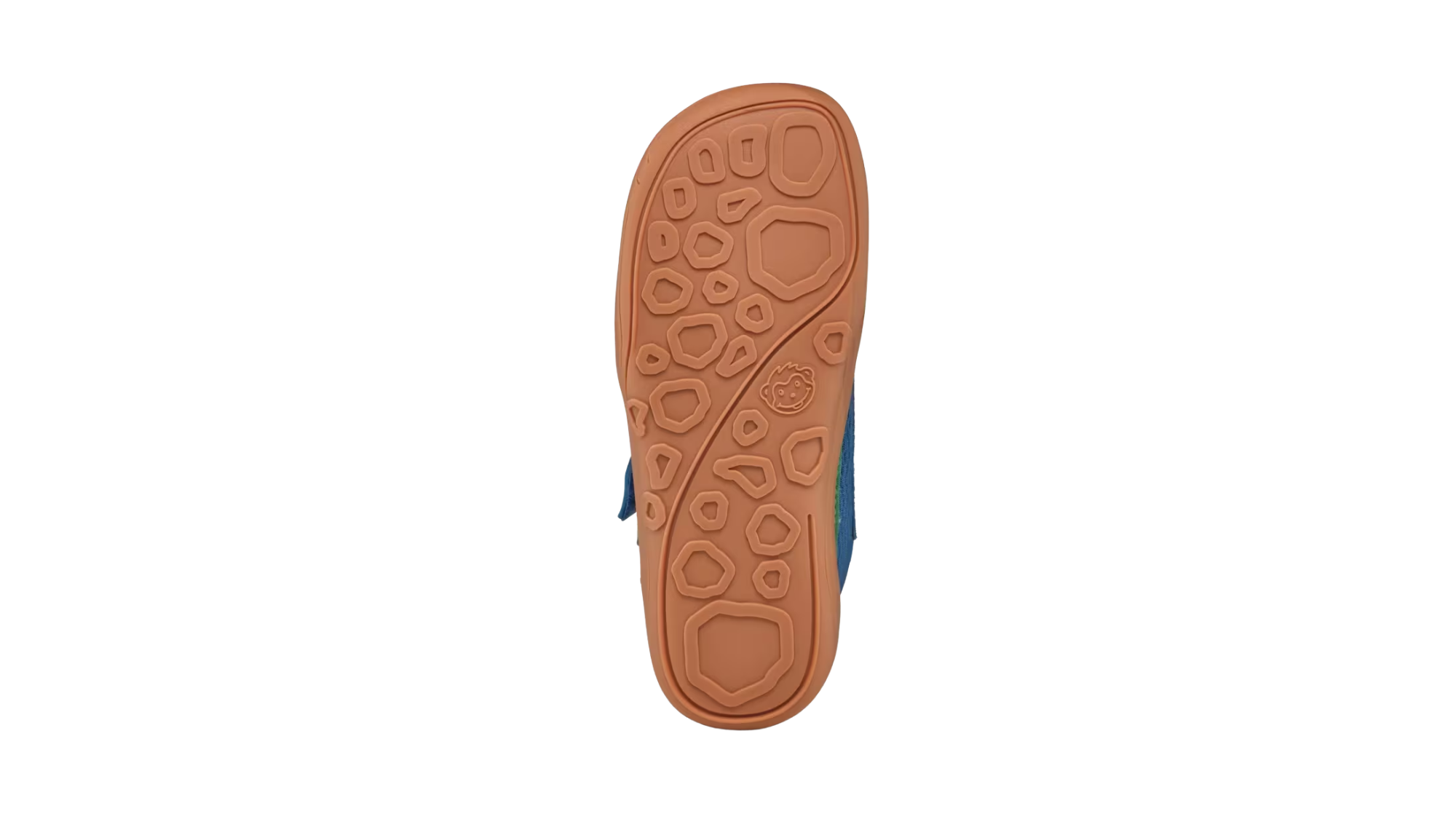 Kinder-Barfußschuh mit flacher, flexibler Sohle und strukturiertem Profil, Ansicht von unten.