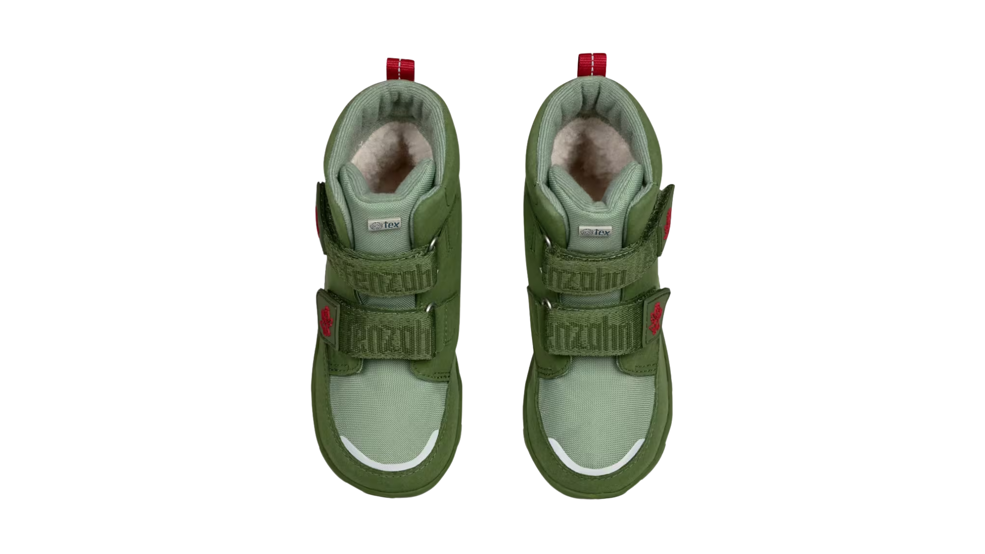Kinder Barfußwinterstiefel mit geschlossener Zehenbox und Klettverschlüssen, Draufsicht auf beide Schuhe