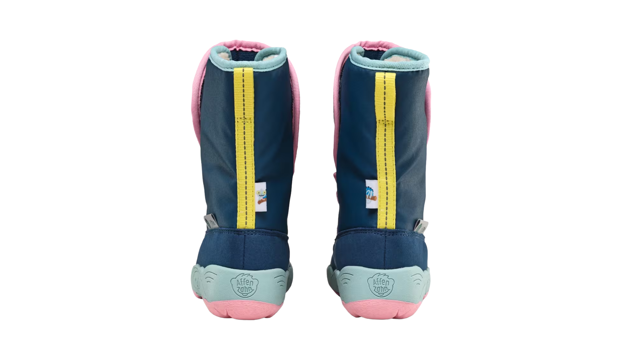 Kinder-Barfußwinterstiefel als Paar mit geschlossener Ferse, hohem Schaft, flexible Sohle, Rückansicht.