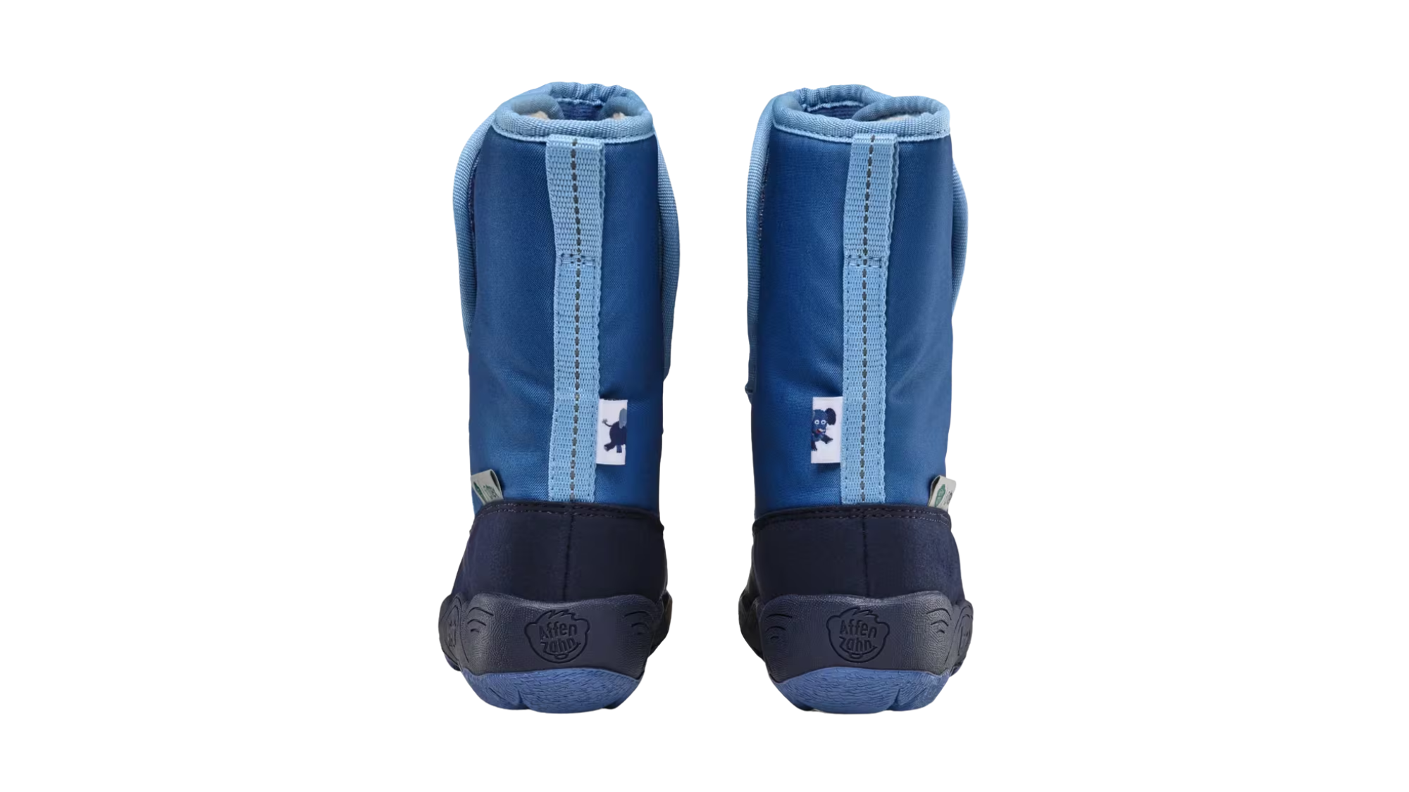 Kinder-Barfußwinterstiefel als Paar mit geschlossener Ferse, hohem Schaft, flexible Sohle, Rückansicht.