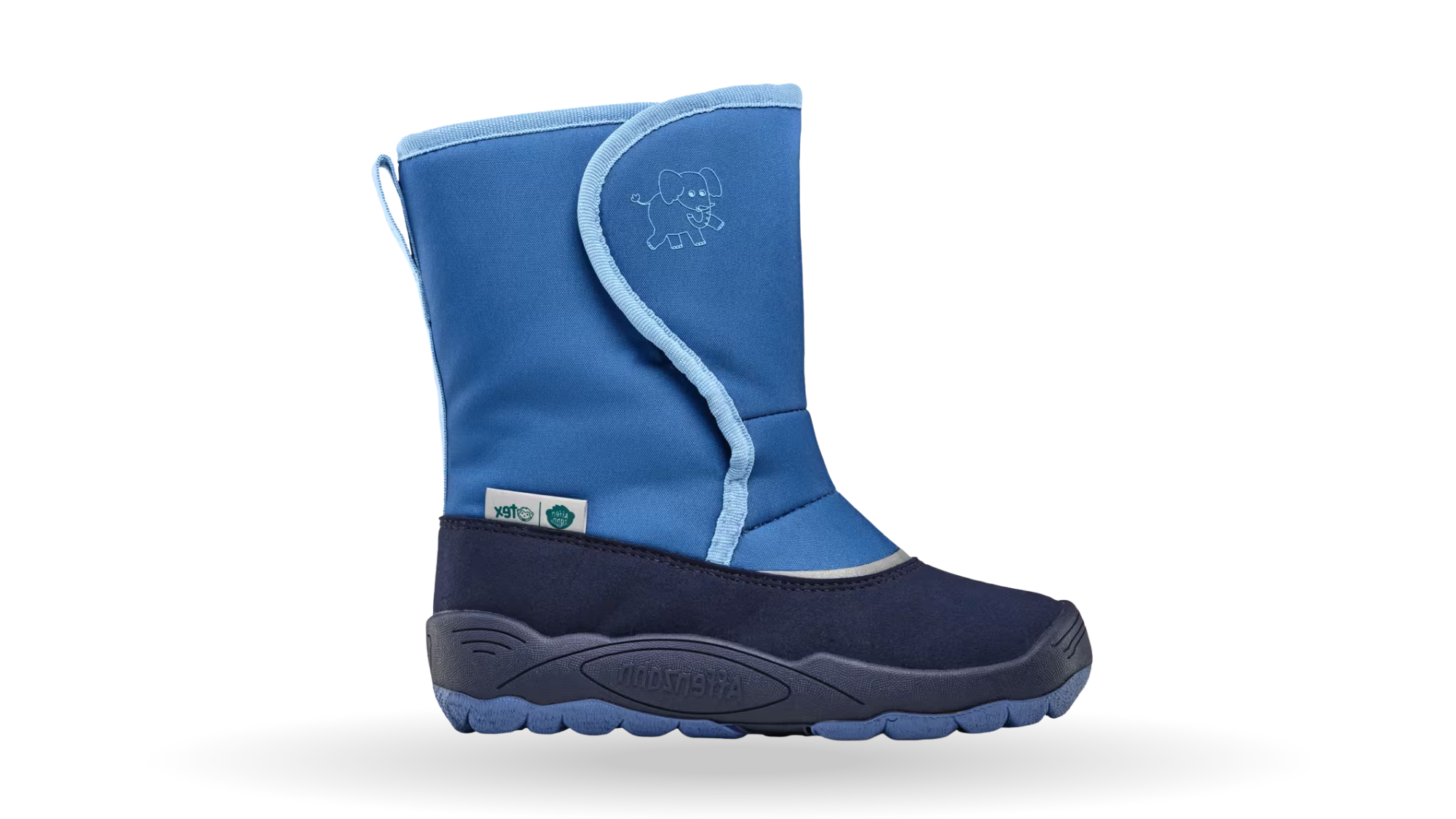 Kinder-Barfußwinterstiefel mit breiter Zehenbox, geschlossenem Zehenbereich, geschlossener Ferse, hohem Schaft, flexible Sohle, Seitenansicht außen.
