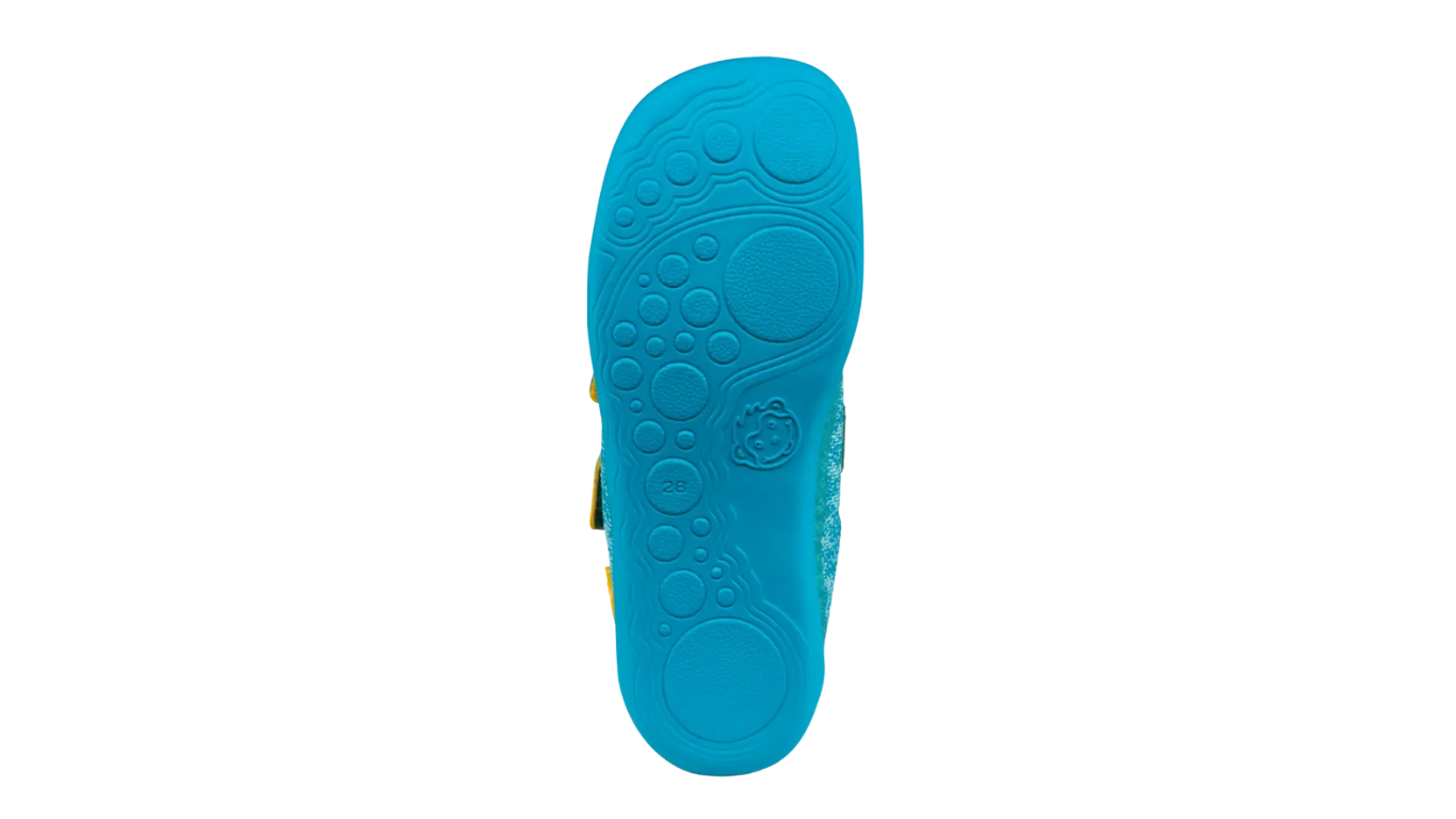 Kinder-Barfußschuh mit flacher, flexibler Sohle und strukturiertem Profil, Ansicht von unten.