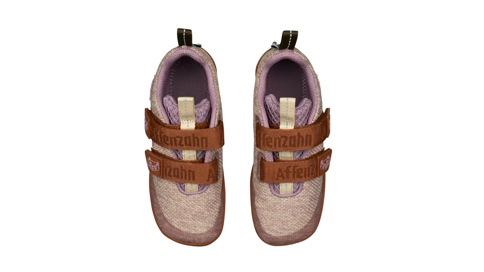 Kinder-Barfußschuh als Paar mit breiter Zehenbox, geschlossenem Zehenbereich, geschlossenem Fersenbereich, Klettverschluss, flexible Sohle, Draufsicht.