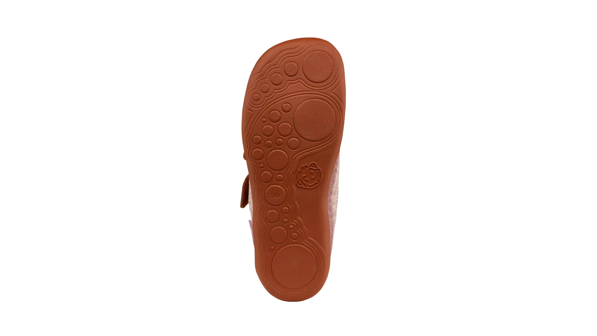 Kinder-Barfußschuh mit flacher, flexibler Sohle und strukturiertem Profil, Ansicht von unten.