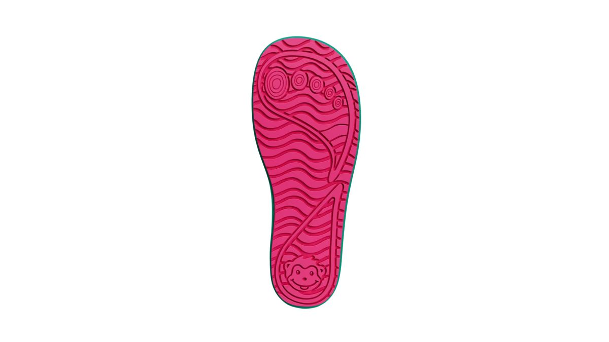 Kinder-Barfußgummistiefel mit flacher, flexibler Sohle und strukturiertem Profil, Ansicht von unten.