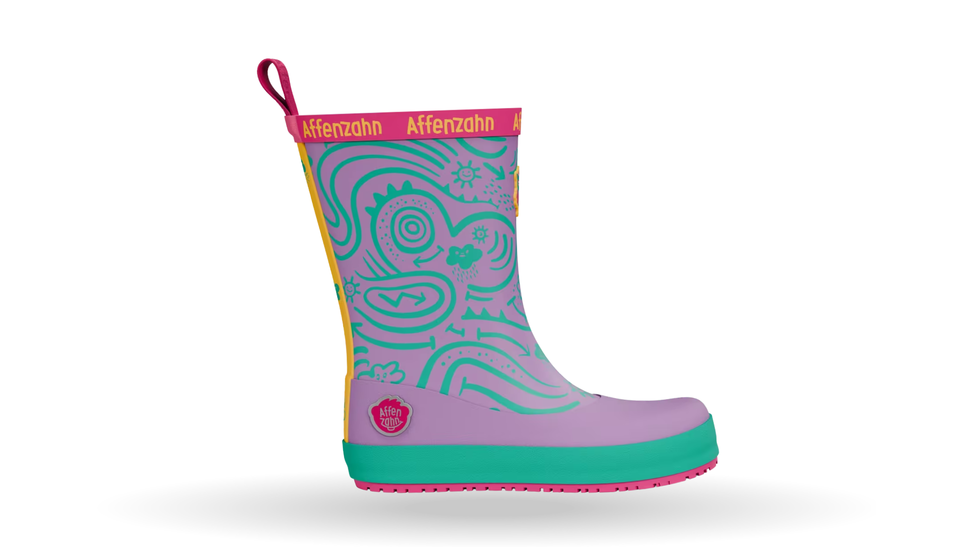 Kinder-Barfußgummistiefel mit breiter Zehenbox, geschlossenem Zehenbereich, geschlossenem Fersenbereich, hohem Schaft, Schlupfform ohne Verschluss, flexible Sohle, Seitenansicht außen.