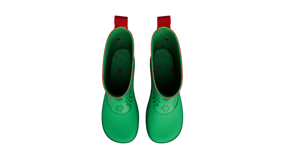 Kinder-Barfußgummistiefel als Paar mit breiter Zehenbox, geschlossenem Zehenbereich, geschlossenem Fersenbereich, hohem Schaft, flexible Sohle, Draufsicht.