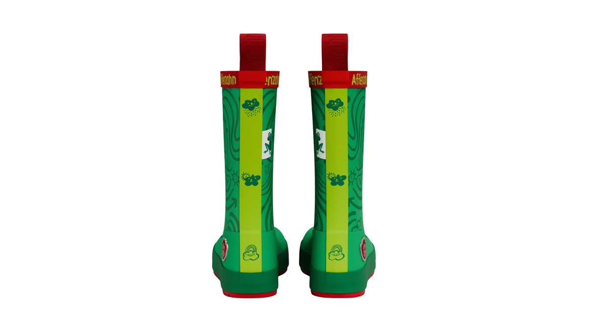 Kinder-Barfußgummistiefel als Paar mit geschlossenem Zehenbereich, geschlossenem Fersenbereich, hohem Schaft, flexible Sohle, Rückansicht.