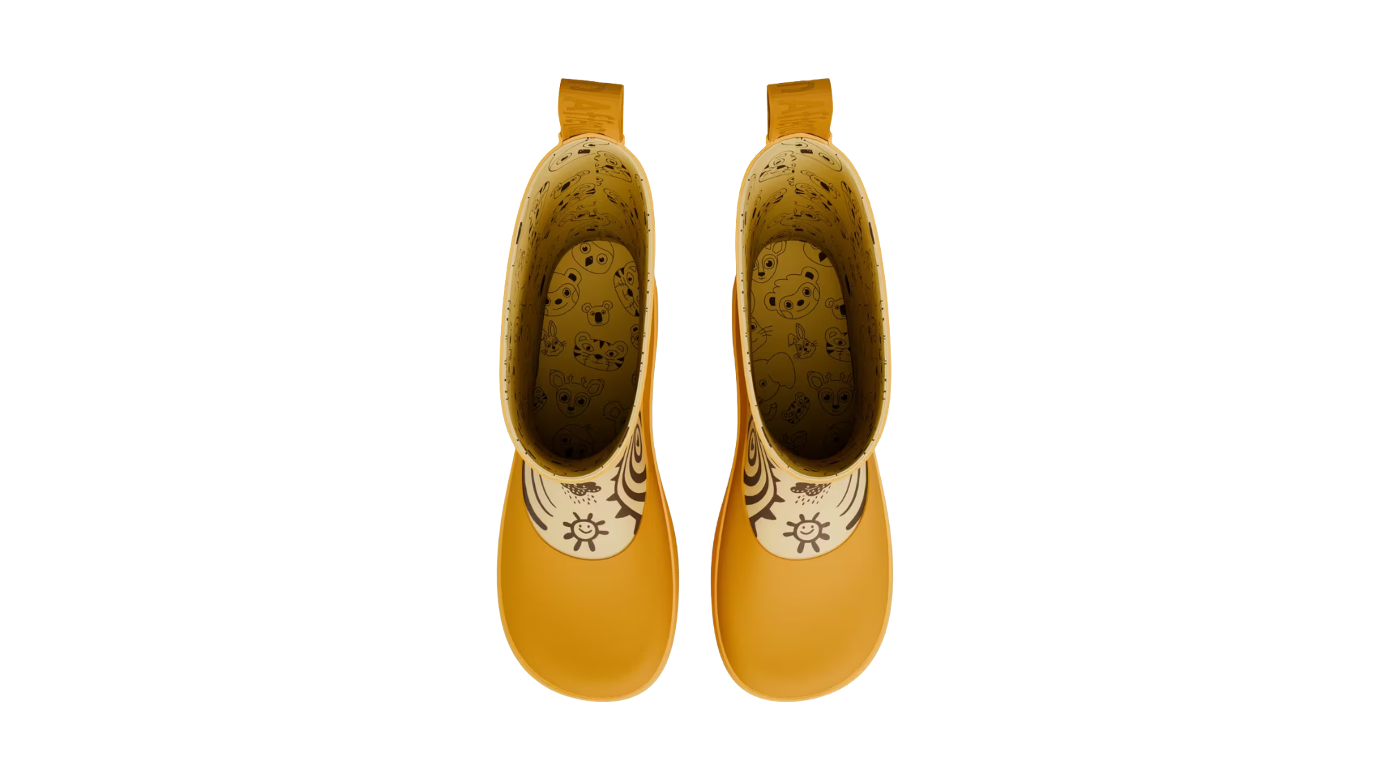 Kinder-Barfußgummistiefel als Paar mit breiter Zehenbox, geschlossenem Zehenbereich, geschlossenem Fersenbereich, hohem Schaft, flexible Sohle, Draufsicht.