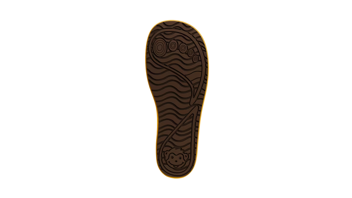 Kinder-Barfußgummistiefel mit flacher, flexibler Sohle und strukturiertem Profil, Ansicht von unten.