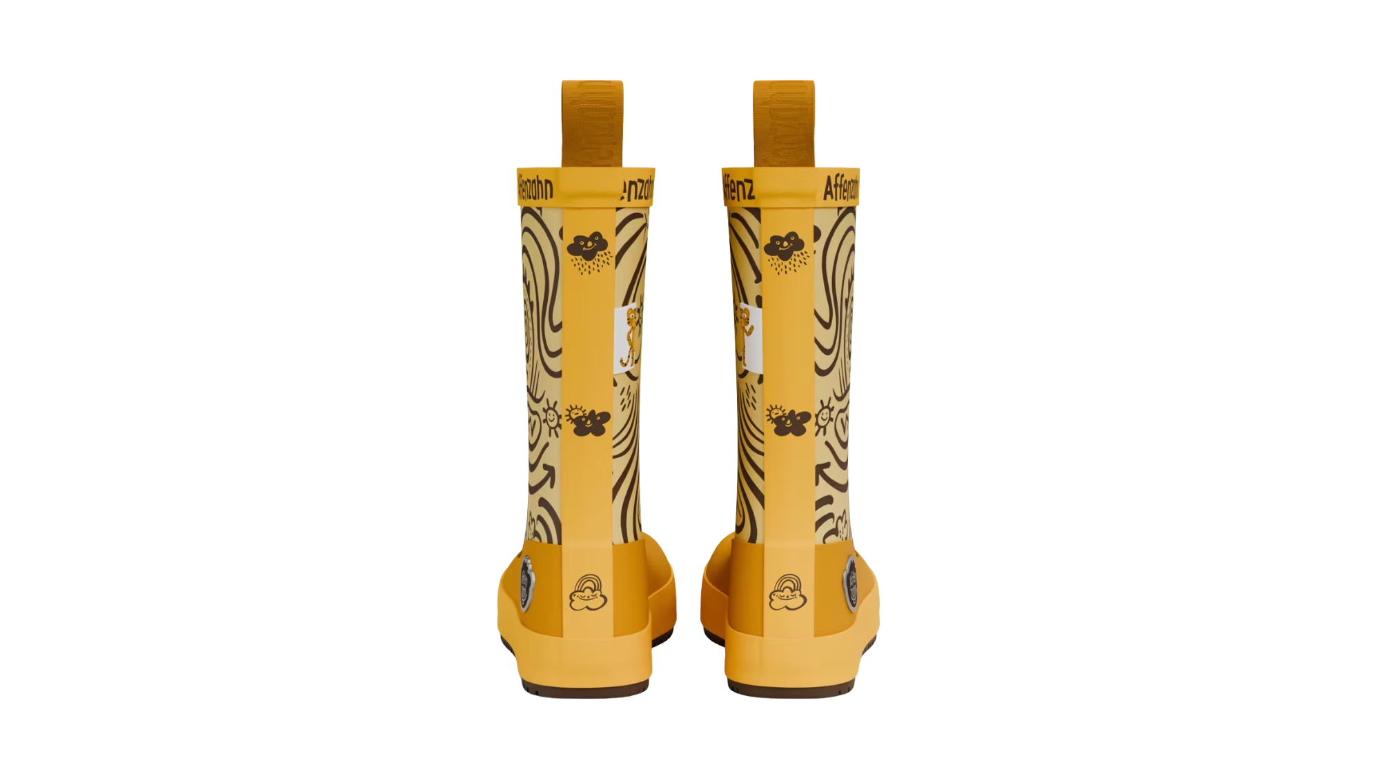 Kinder-Barfußgummistiefel als Paar mit geschlossenem Zehenbereich, geschlossenem Fersenbereich, hohem Schaft, flexible Sohle, Rückansicht.