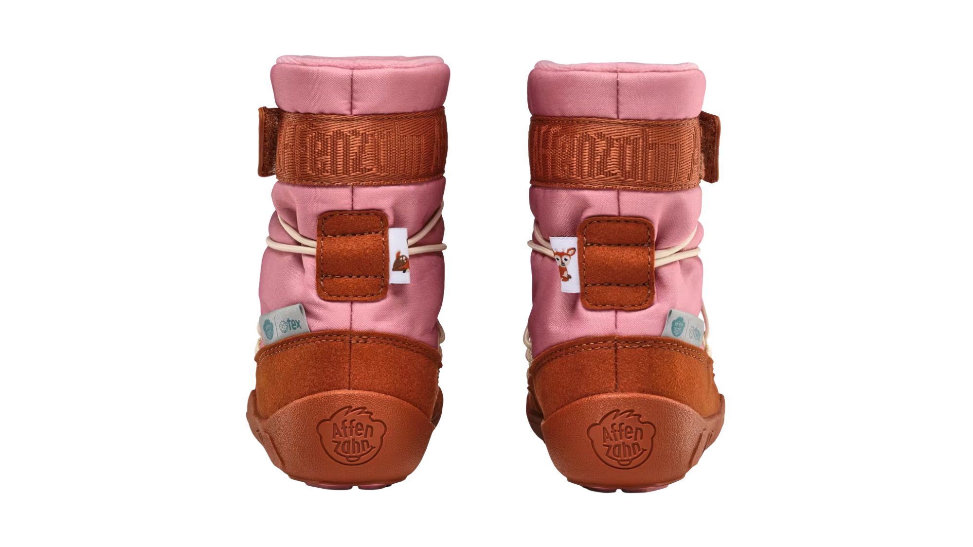 Kinder-Barfußwinterstiefel als Paar mit geschlossener Ferse, hohem Schaft, Schnürsystem mit Kordel, flexible Sohle, Rückansicht.
