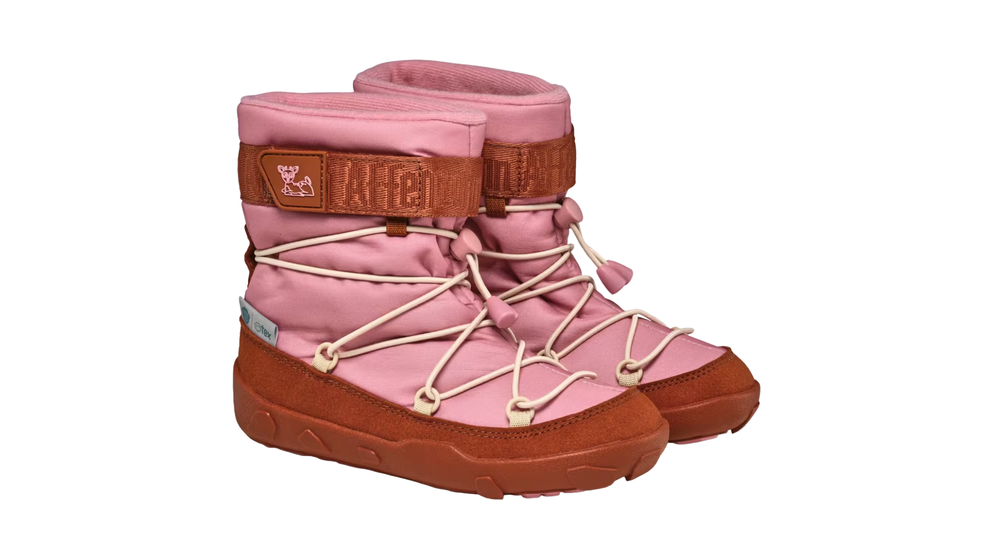 Kinder-Barfußwinterstiefel mit breiter Zehenbox, geschlossenem Zehenbereich, geschlossener Ferse, hohem Schaft, Schnürsystem mit Kordel, flexible Sohle, schräge Vorderansicht.