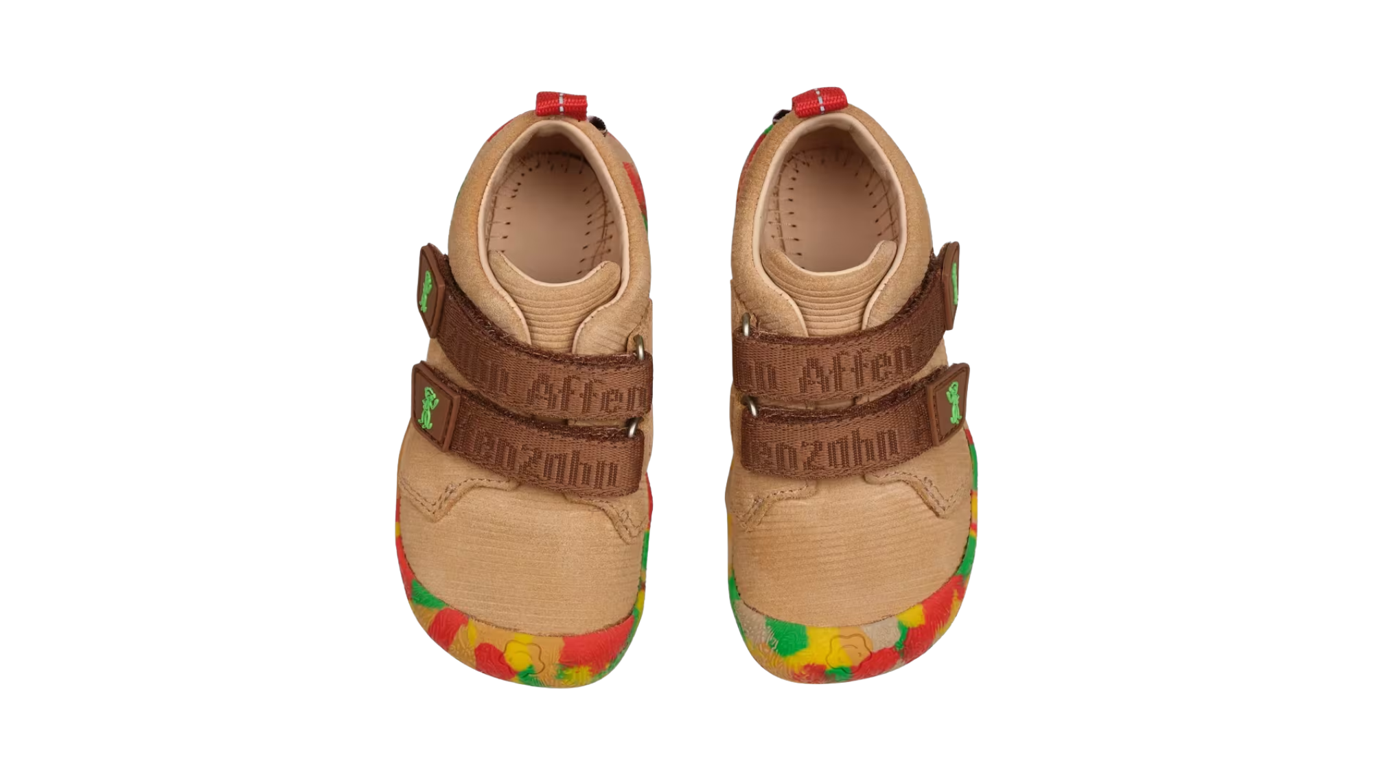 Kinder Barfußschuhe mit geschlossener Zehenbox und Klettverschlüssen, Draufsicht auf beide Schuhe