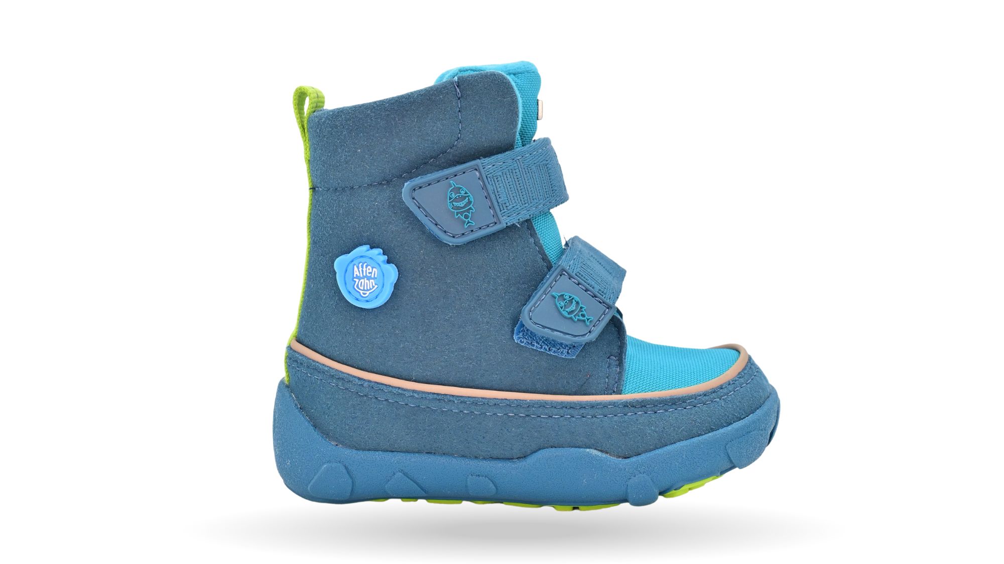 Knöchelhoher Barfußschuh für Kinder mit breiter Zehenbox, Klettverschluss, geschlossenen Zehen, geschlossenem Fersenbereich, Seitenansicht außen