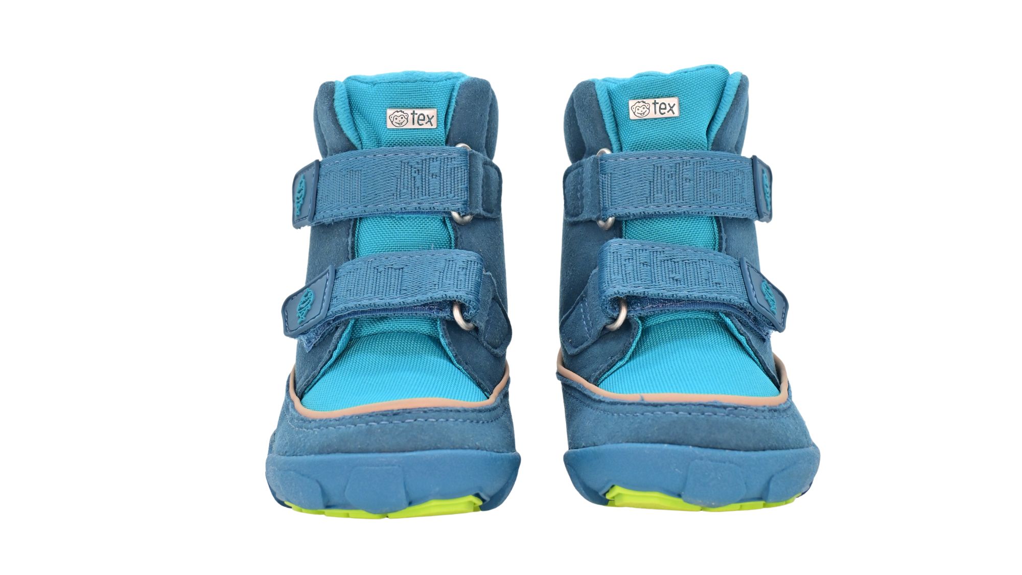 Knöchelhoher Barfußschuh für Kinder mit breiter Zehenbox, Klettverschluss, geschlossenen Zehen, geschlossenem Fersenbereich, Draufsicht als Paar