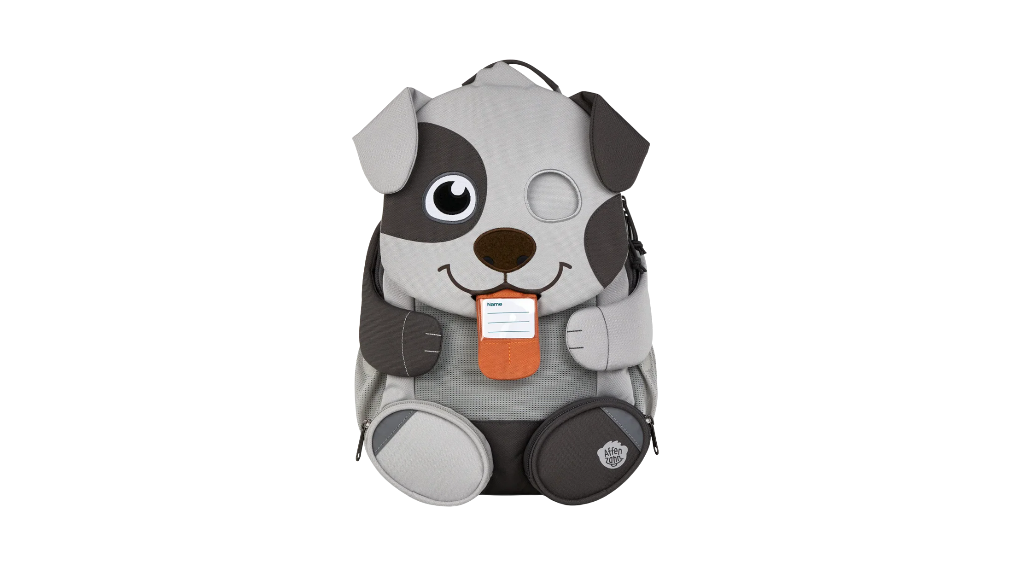 Kinderrucksack in Tierform (Hund), Vorderansicht mit herausgestreckter Zunge