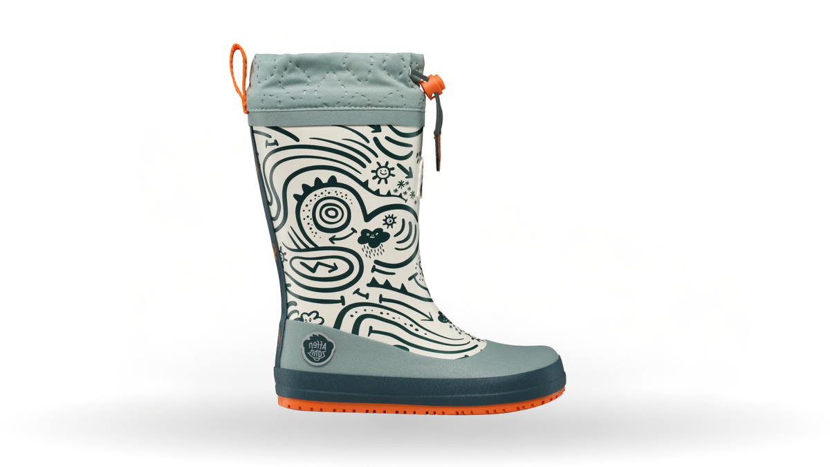 Kinder-Barfußgummistiefel mit breiter Zehenbox, hohem Schaft und Kordelzug, Seitenansicht außen