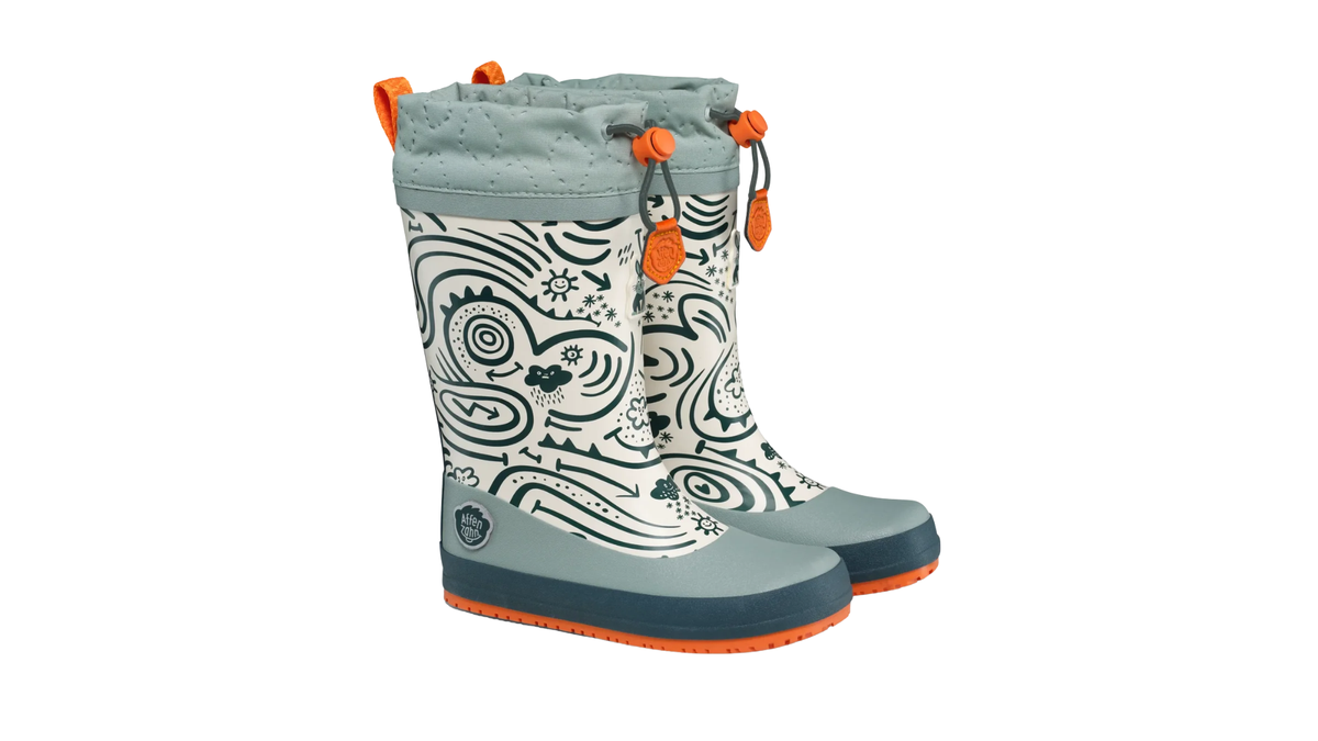 Kinder-Barfußgummistiefel als Paar mit breiter Zehenbox, hohem Schaft und Kordelzug, schräge Vorderansicht