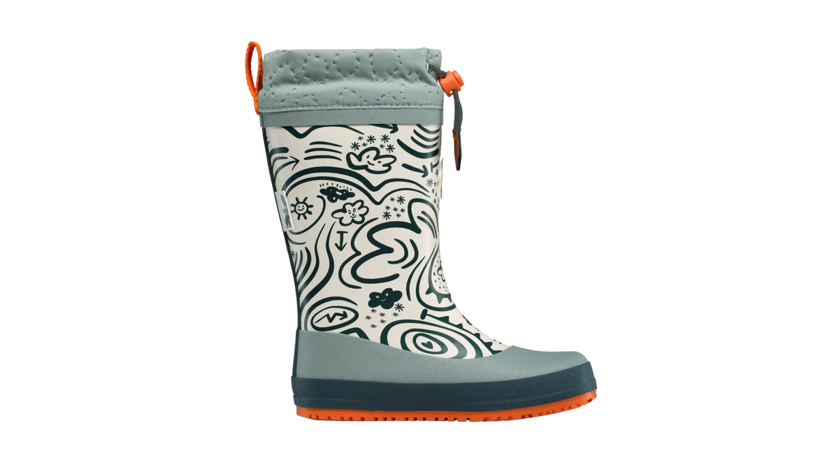 Kinder-Barfußgummistiefel mit breiter Zehenbox, hohem Schaft und Kordelzug, Seitenansicht innen