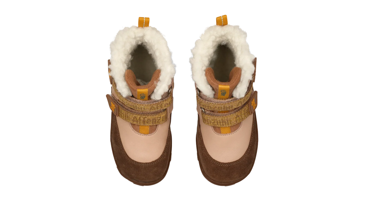 Gefütterte Kinder-Barfußwinterstiefel als Paar mit breiter Zehenbox, zwei Klettverschlüssen und sichtbarem Futter, Draufsicht