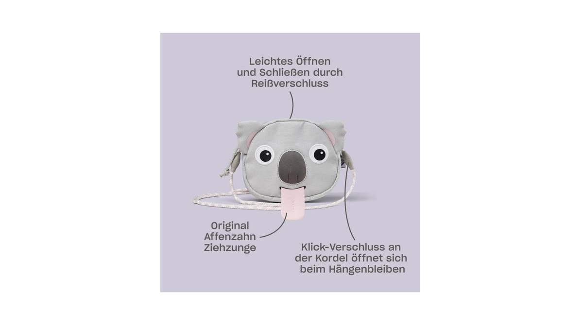Kinderportemonnaie zum Umhängen in Koalaform mit Detailbeschreibungen
