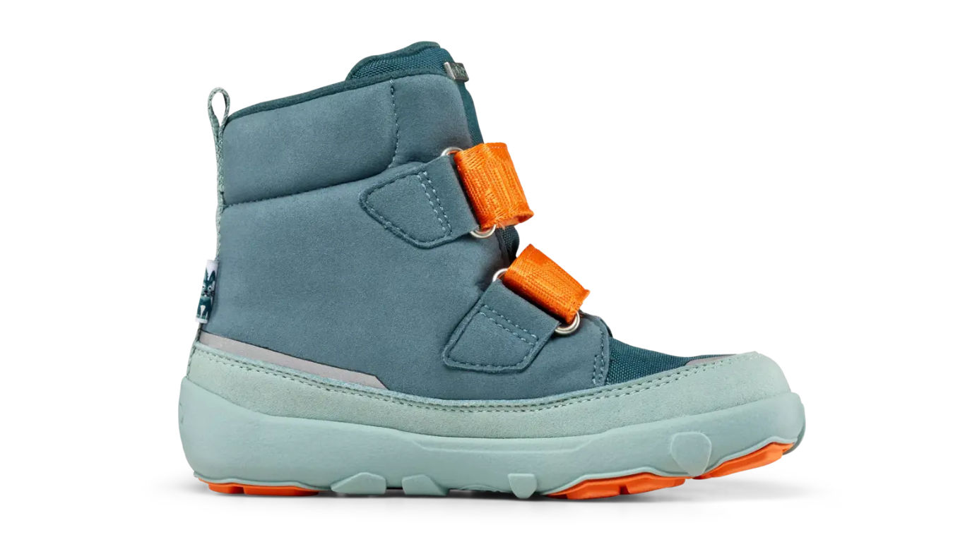Kinder Barfußwinterstiefel mit geschlossener Zehenbox und Klettverschlüssen, Seitenansicht links