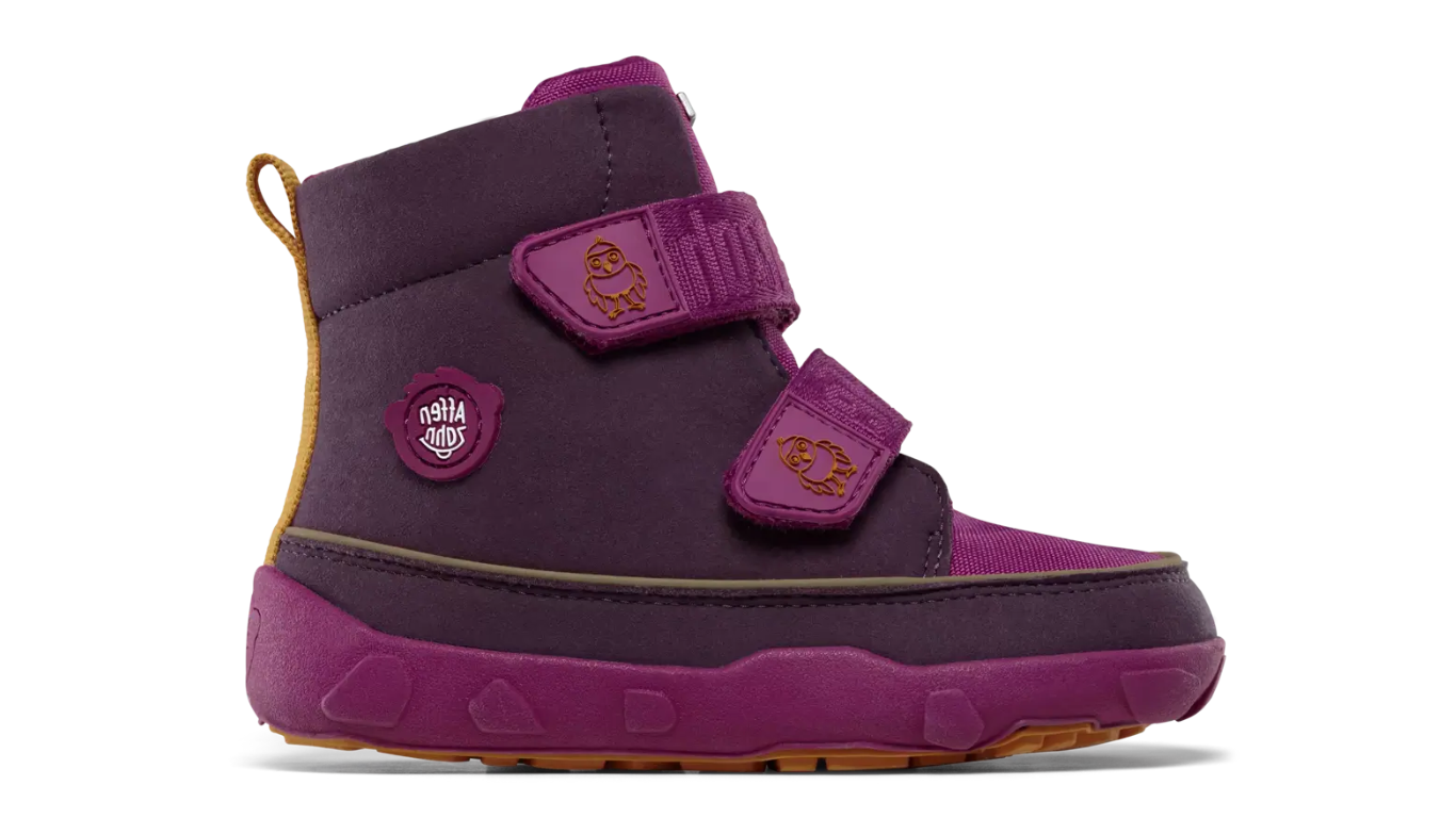 Kinder Barfußwinterstiefel mit geschlossener Zehenbox und Klettverschlüssen, Seitenansicht rechts