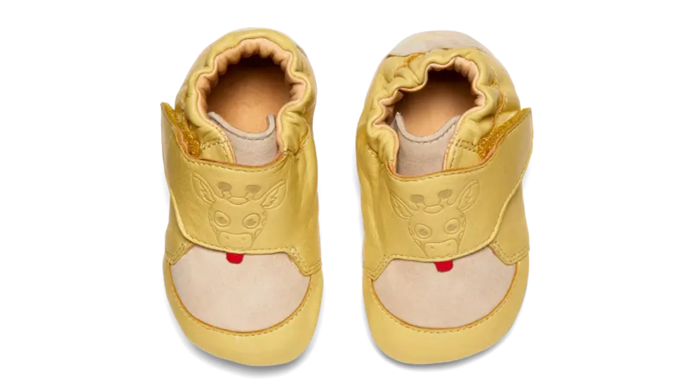 Kinder Barfußhausschuhe mit geschlossener Zehenbox und Klettverschluss, Draufsicht auf beide Schuhe
