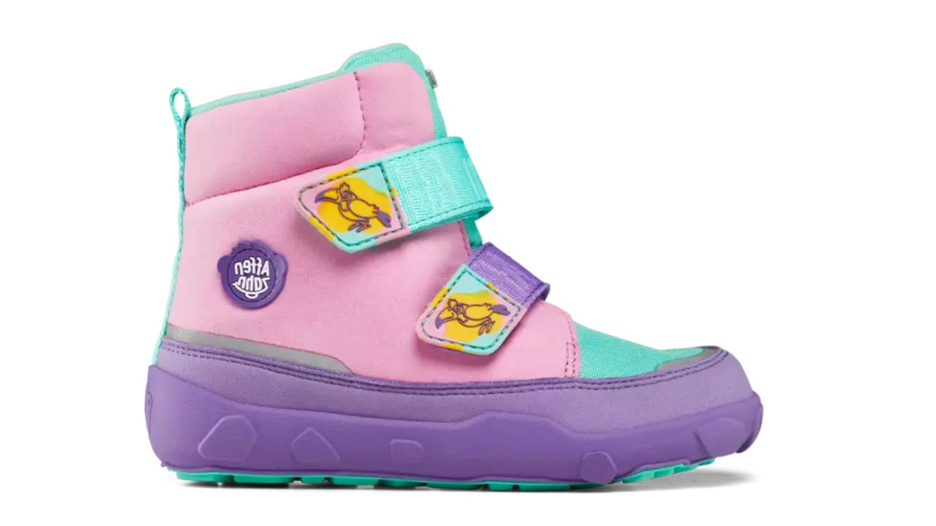 Kinder Barfußwinterstiefel mit geschlossener Zehenbox und Klettverschlüssen, Seitenansicht rechts