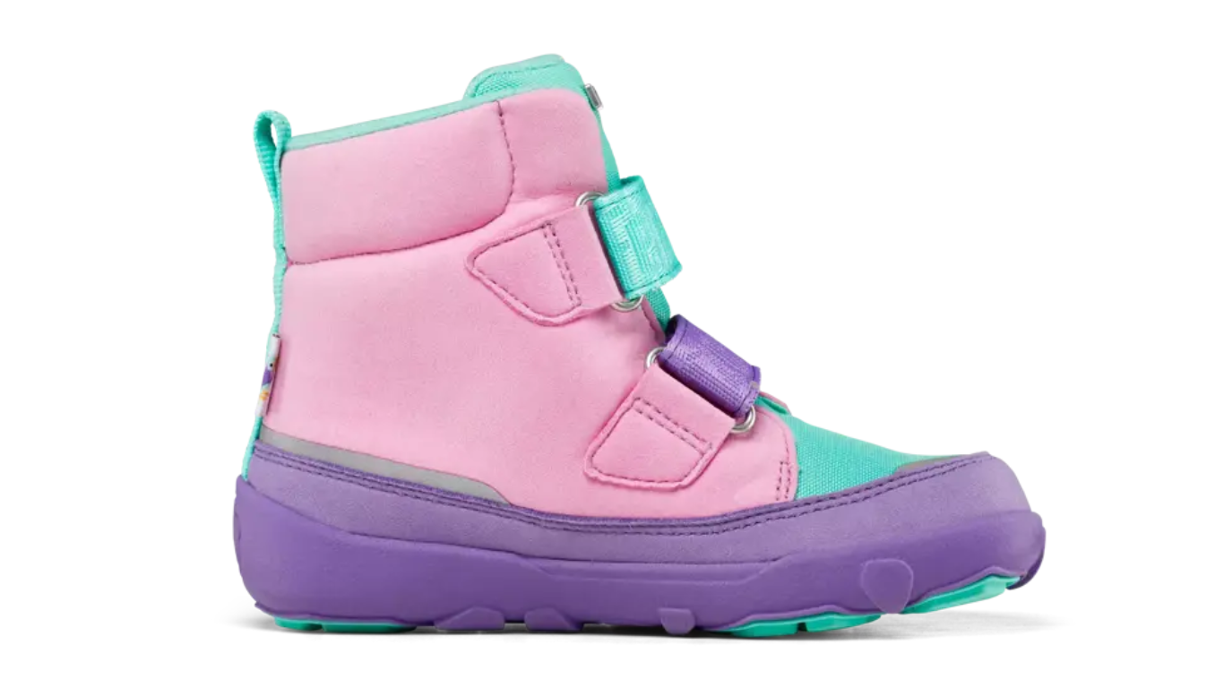 Kinder Barfußwinterstiefel mit geschlossener Zehenbox und Klettverschlüssen, Seitenansicht rechts
