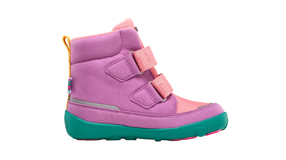 Kinder-Barfußstiefel mit breiter Zehenbox, zwei Klettverschlüssen und geschlossenen Zehen, Seitenansicht innen